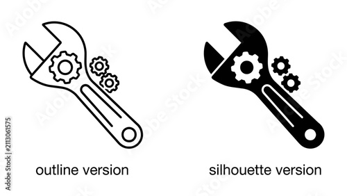 Konstfotografi Wrench and Gear Icon Set: A clean and modern set featuring a wrench paired with interlocking gears, presented in both outline and silhouette versions for versatility in design