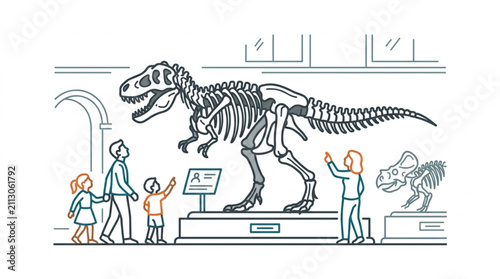 Bild auf Leinwand Dinosaur Skeleton Exhibit in Museum with Visitors.