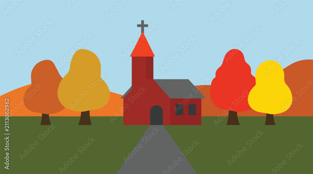 Fototapeta premium Small red church building in autumn landscape with building religion landscape