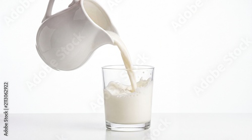 Fresh milk pouring from a pitcher into a glass