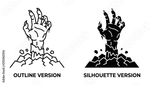 Cuadro en lienzo Rising From the Grave: A zombie hand breaks through cracked earth, depicted in both outline and silhouette versions, symbolizing a terrifying resurrection or escape