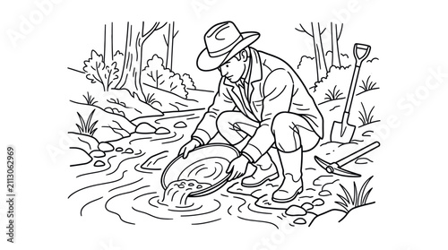 Bild auf Leinwand Man gold panning in a forest river stream.