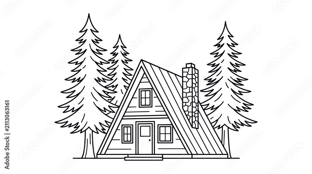 Fototapeta premium A-frame wooden cabin in pine forest landscape.