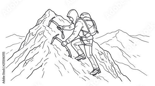 Foto Mountaineer climbing steep snowy peak with ice axes.