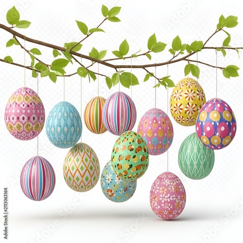 Hanging Colorful Easter Eggs On Tree Branches