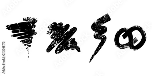 Set of hand drawn black grunge scribbles and brush stroke elements on white background. Textured ink swirls, zigzags, and abstract doodles for design background and graphic assets.