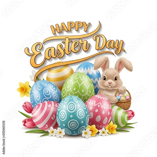 Happy Easter Day Greeting With Cute Bunny And Eggs