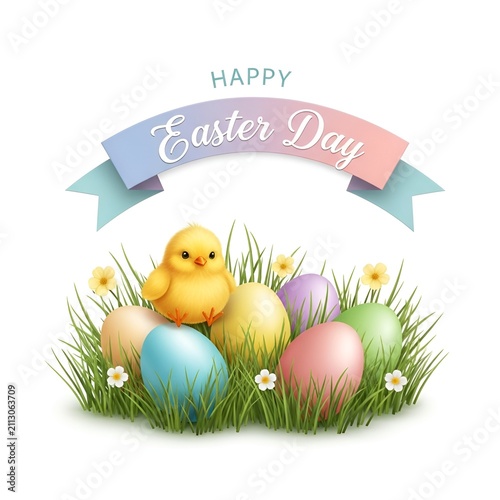 Happy Easter Day Greeting With Cute Chicks
