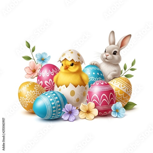 Cute Chick And Bunny With Easter Eggs