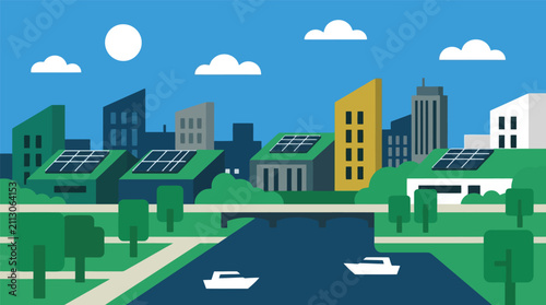 Modern eco friendly city landscape with solar panels and river, landscape