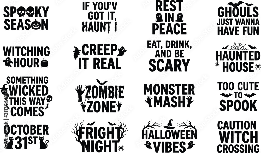 Obraz premium Halloween Typography Quotes Bundle – Black Spooky Phrase Designs with Bats, Pumpkins, Spiders and Graveyard Elements
