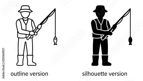 Bild auf Leinwand Fisherman Icon: A simple graphic representation of a fisherman, depicted in both outline and silhouette styles, holding a fishing rod with a fish on the line