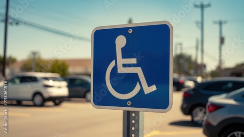 Blue handicap parking sign in a busy outdoor parking lot with blurred cars