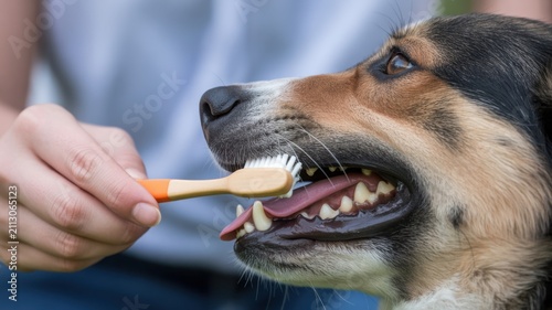 Close-up of owner brushing dog's teeth with toothbrush for dental hygiene