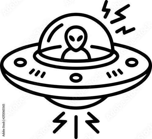 Alien in UFO Flying Saucer with Lights, Sci-Fi Spacecraft Illustration