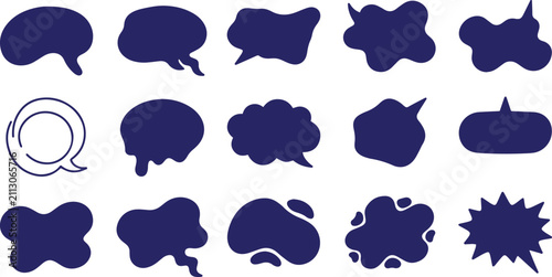 фотографія Collection of various dark blue cartoon speech bubbles on white background