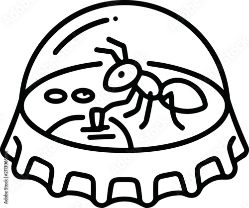 Ant drinking from bottle cap with liquid, line art illustration