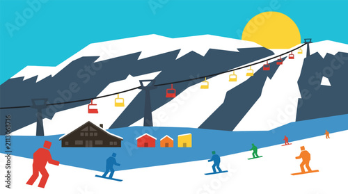 Bild auf Leinwand Winter ski resort landscape with chairlift and skiers mountain vacation