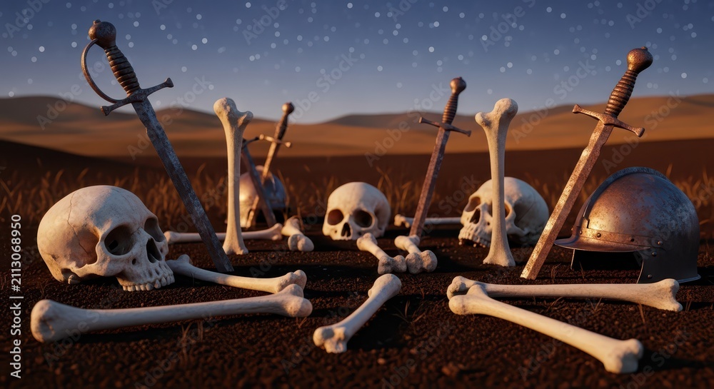 Fototapeta premium Medieval battlefield scene with skulls, bones, swords, and helmet under a starry night sky
