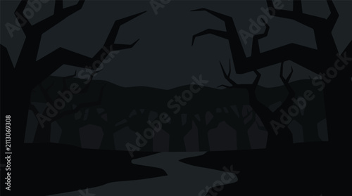 Spooky forest illustration in dark silhouette with silhouette, landscape