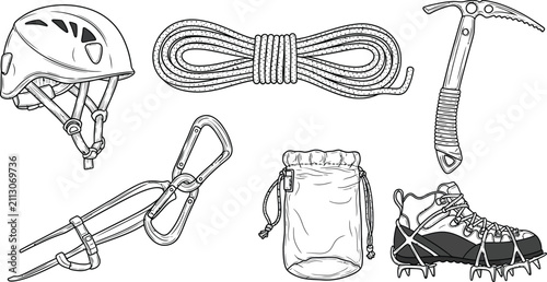Obraz na plátně Collection of climbing and mountaineering equipment including helmet rope ice ax