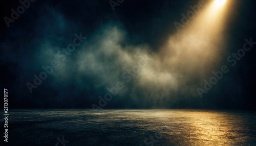 Thick, teal-tinted smoke billows across a dark, textured surface, illuminated by a warm, ethereal light shining from the upper right corner of the frame.