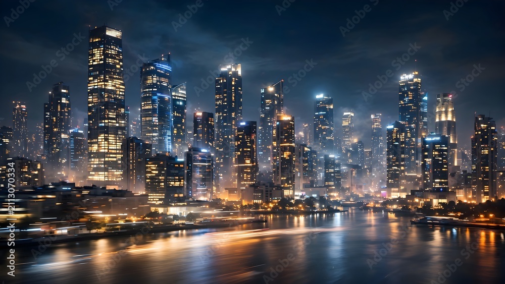 Fototapeta premium Modern city skyline at night. Glowing skyscrapers reflecting on the river water.