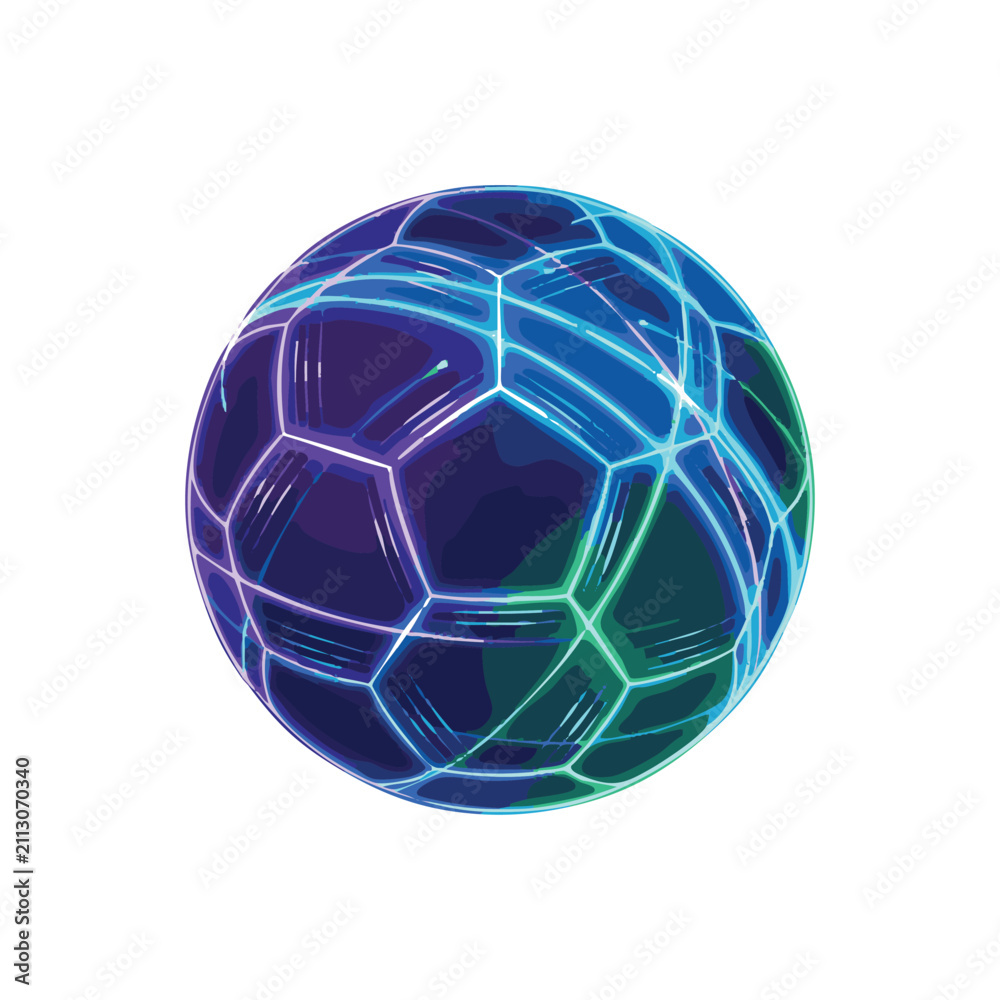 Naklejka premium A futuristic glowing soccer ball with neon blue, green, and purple hexagonal patterns on a dark background, representing digital sports or technology.