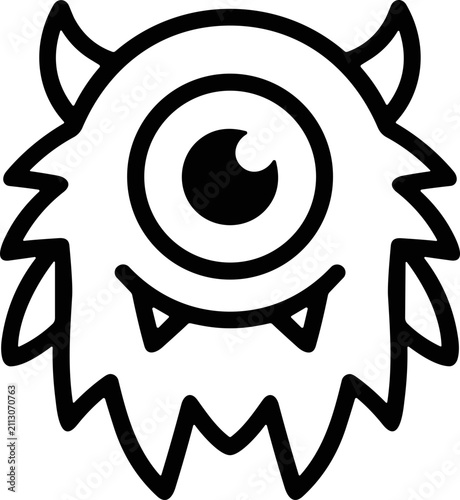 Foto Cute cartoon one-eyed monster, fluffy, horns, fangs, black outline illustration