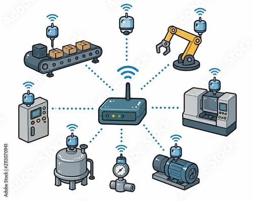 ルーターを介して工場内の様々な機器が無線で接続される産業用IoT（IIoT）の概念図
