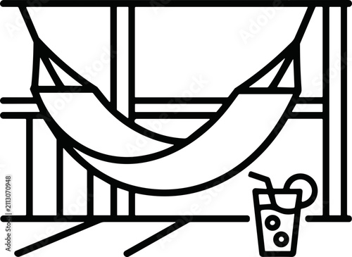 Obraz na płótnie Hammock relaxation on balcony with refreshing drink, simple line art icon