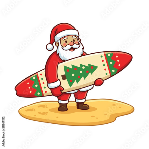 Cartoon illustration of Santa Claus holding a Christmas-themed surfboard on a sandy beach, ready for a tropical holiday.
