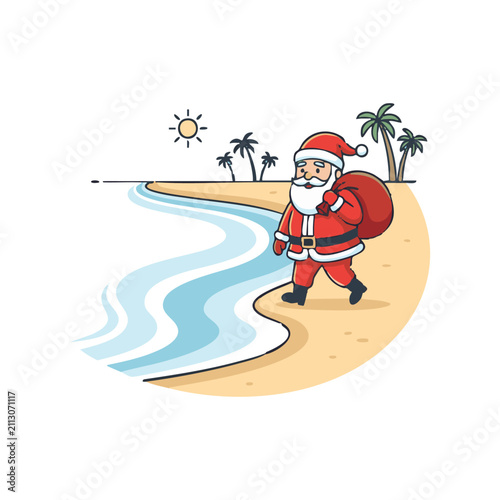 Santa Claus walking on a tropical beach with palm trees and a sunny sky, carrying a gift sack.