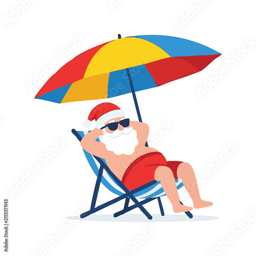 Santa Claus relaxing on a beach chair under a colorful umbrella, enjoying a summer vacation.