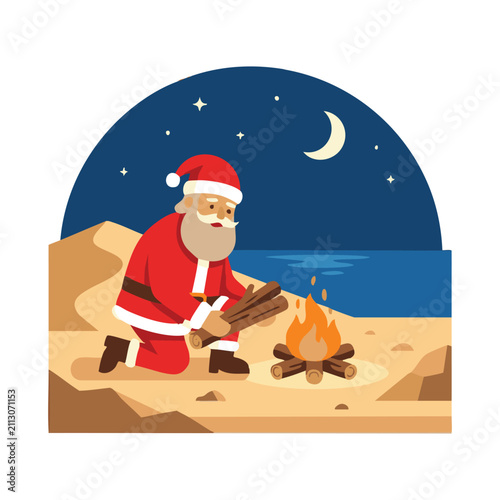 Santa Claus building a campfire on a sandy beach at night under a crescent moon and stars.