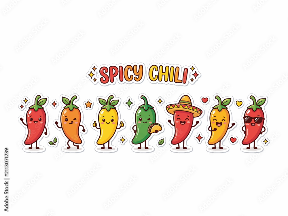 Fototapeta premium Cute cartoon spicy chili peppers characters with various expressions and accessories, arranged in a row with 'SPICY CHILI' text above.