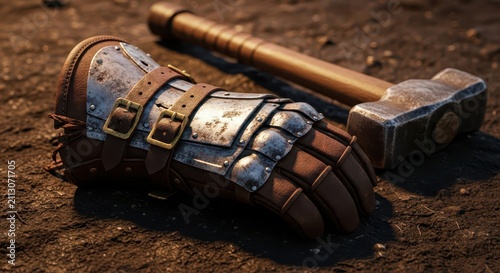 Medieval Gauntlet and Hammer Lying on Rough Ground, Ancient Warrior Gear Concept