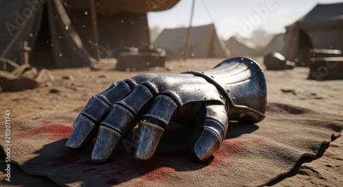 Medieval Gauntlet Lying on Bloody Cloth in Ancient Battlefield Camp