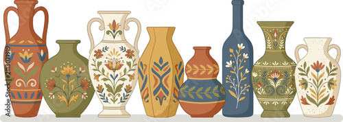 фотографія Vector collection of antique ceramic vases with floral patterns