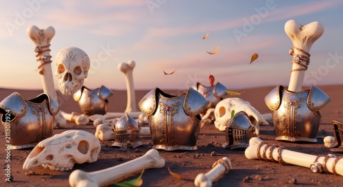 Medieval knight armor and animal skulls scattered in a desolate desert landscape at sunset