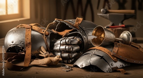 Medieval Knight's Armor and Goblet in a Dusty Workshop Setting