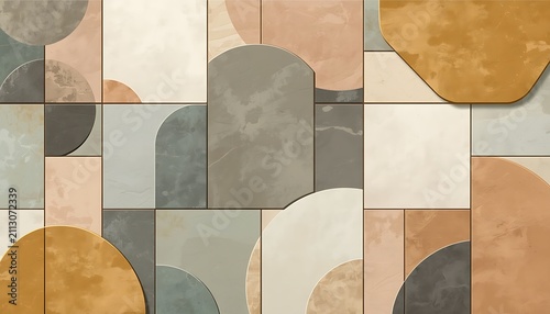 Abstract Geometric Composition: A harmonious blend of soft earth tones and muted pastels forms an abstract geometric pattern, featuring interlocking shapes, curved lines.
