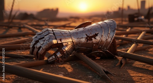 Medieval Knight's Gauntlet Lying on a Battlefield at Sunset Amidst Broken Spears