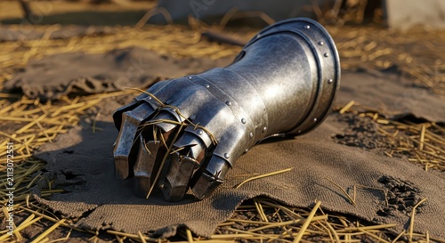 Medieval Knight's Gauntlet Resting on Burlap in a Dry Field with Straw