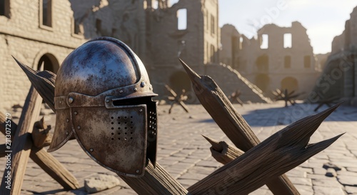 Medieval Knight's Helm and Barbed Wire Obstacle on Cobblestone Street Amidst War-Torn Ruins