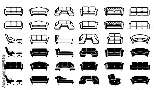 Fotografía Sofa and Living Room Furniture Vector Icon Pack Featuring Sectional Couches Ches