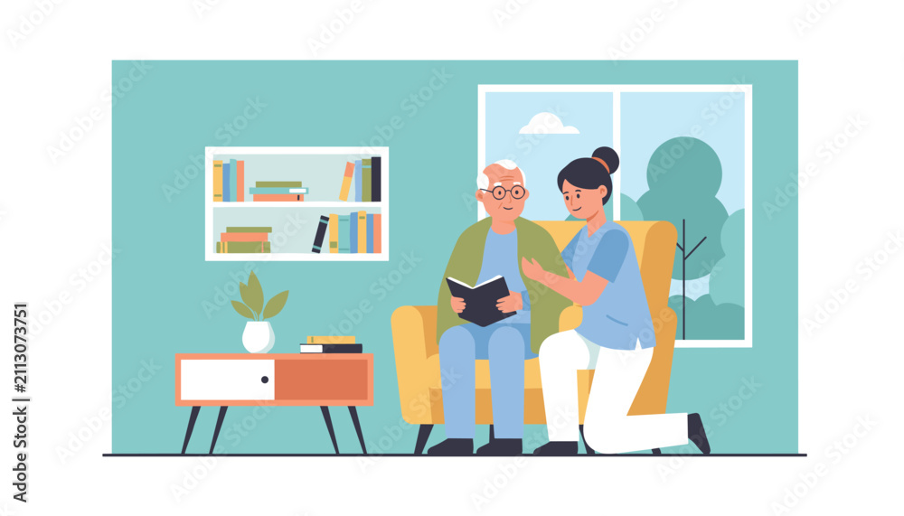 Fototapeta premium Caring young female nurse supports an elderly man who is sitting in an armchair reading a book at home.