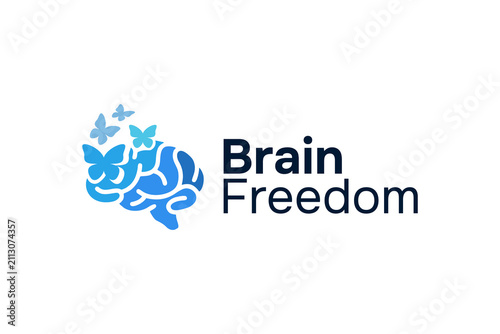 Brain Freedom Brain Logo with Butterflies, Mental Wellness and Psychology Symbol