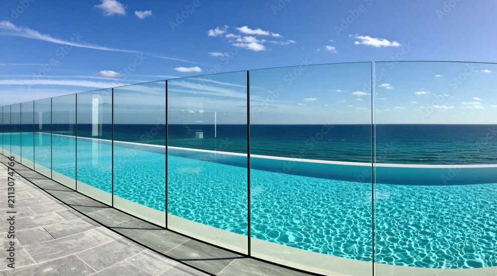 Obraz premium Infinity pool with transparent glass fence overlooks deep blue ocean water. Modern resort architecture features clear railing panel along terrace edge. Outdoor scenery includes bright summer sky