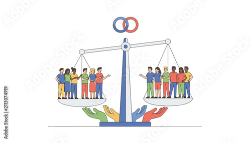 Large balance scale showing equal numbers of diverse men and women representing absolute gender equality and human justice.